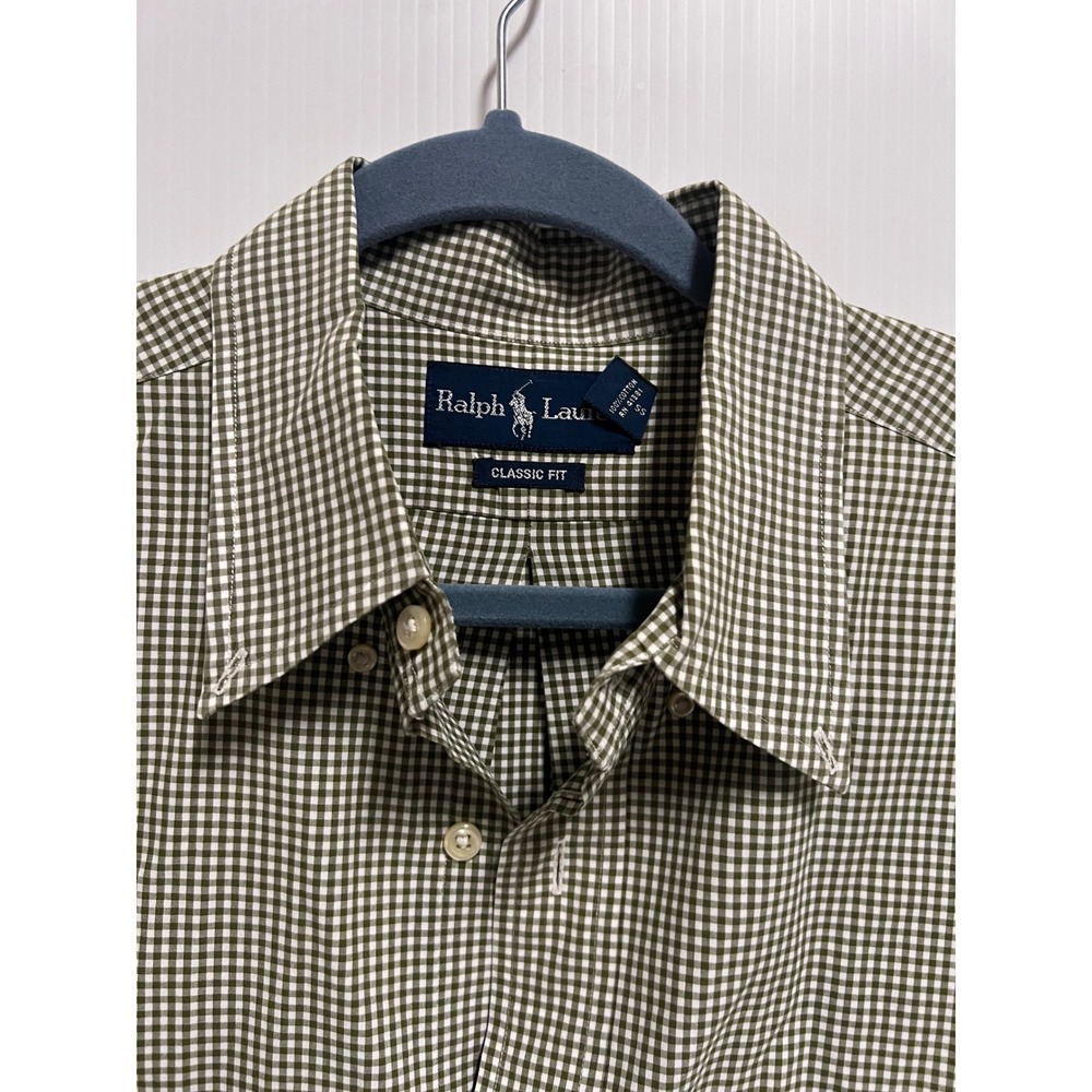 Ralph Lauren Classic Fit Gingham Shirt Mens 16.5 L Olive Green White Cotton